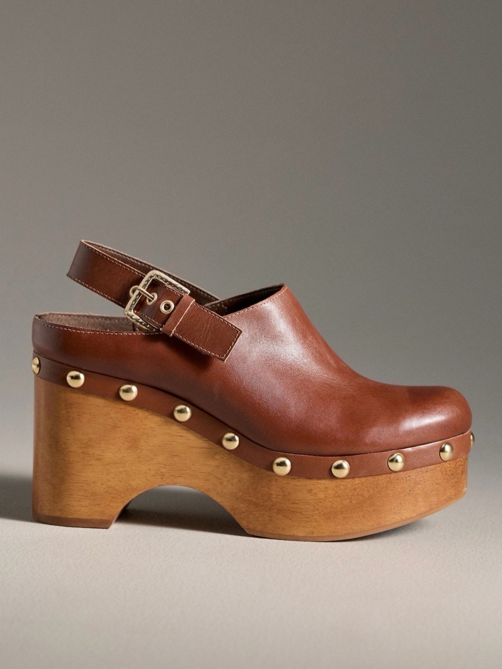 Dolce Vita Adelan Brown Leather Wood Bottom Studded Clog Platform Heels NWB - Picture 2 of 9